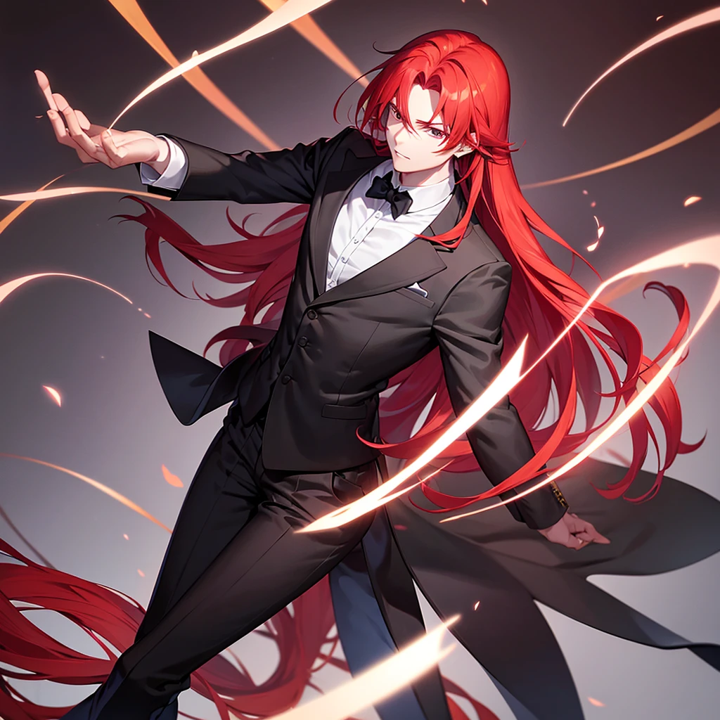 boy robust man with slightly long red hair in formal clothes and with red hair and red eyes full body