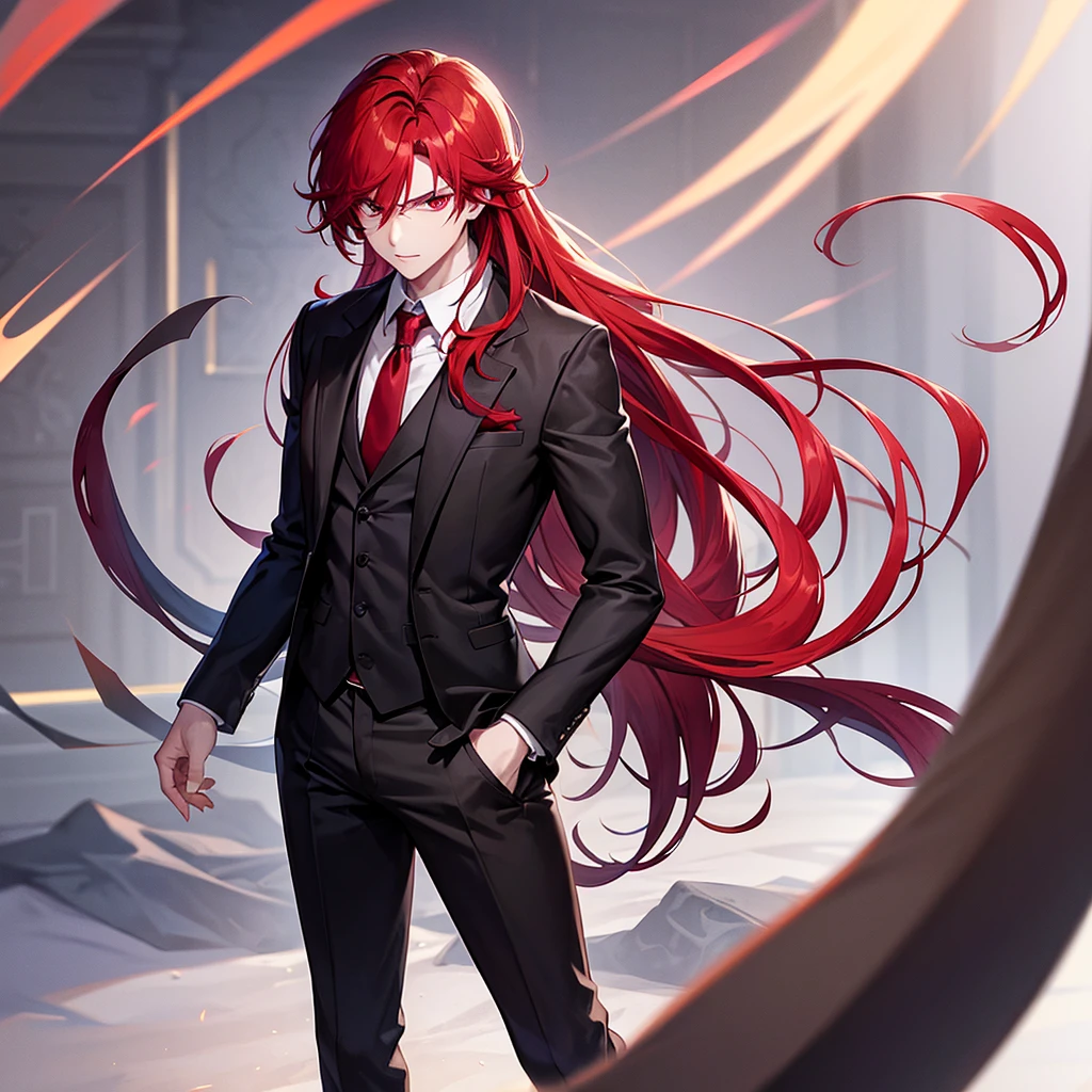 boy robust man with slightly long red hair in formal clothes and with red hair and red eyes full body
