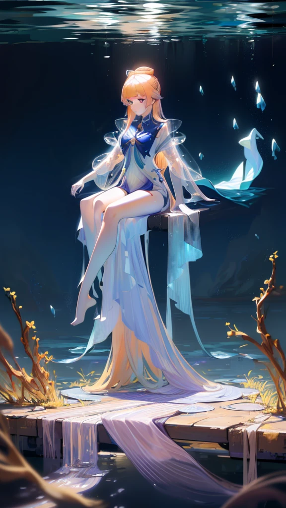 Blonde girl in white dress underwater in pool, A close-up fantasy of water magic, jingna zhang, Sitting on an underwater throne, Queen of the Sea Mu Yanling, Water daffodil, Jellyfish Priestess, Underwater Photography, Natalie Shaw, Real photography of the Queen of the Ocean, Gu Weisz style artwork, long flowing hair underwater, Ethereal fantasy