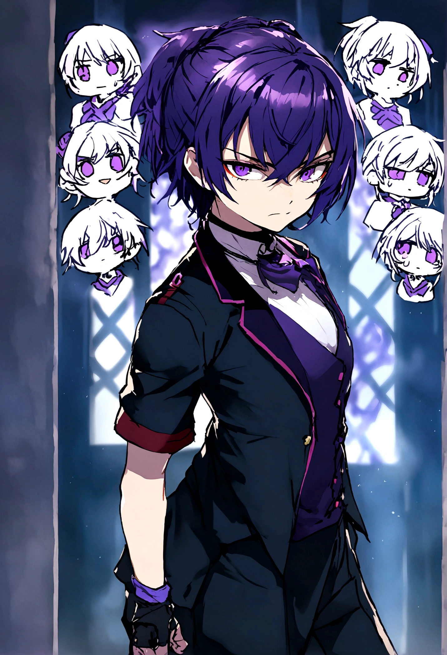 Football player, with purple and red uniform,dark purple hair,bright purple eyes,with magical purple fire.