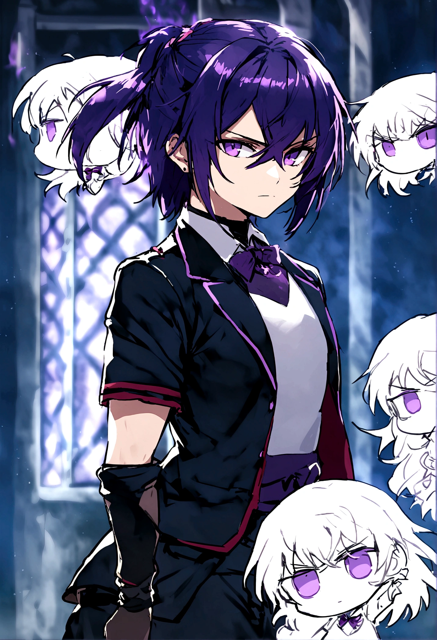 Football player, with purple and red uniform,dark purple hair,bright purple eyes,with magical purple fire.