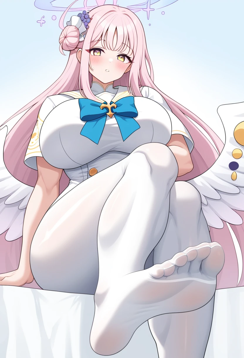1girl, score_9, mika \(blue archive\), long hair, pink hair, yellow eyes,large breasts,braid,halo,short sleeves,white dress,white sailor collar,capelet,wings,white pantyhose,sitting,parted lips,hand on leg,blush,on bed,toes, close-up, from below, shiny skin,anime character with huge breasts and big muscles posing for a picture, oppai, oppai proportions, thicc, powerful and huge, biomechanical oppai, big arms, big muscle, heavy detailedig biceps, massive muscles