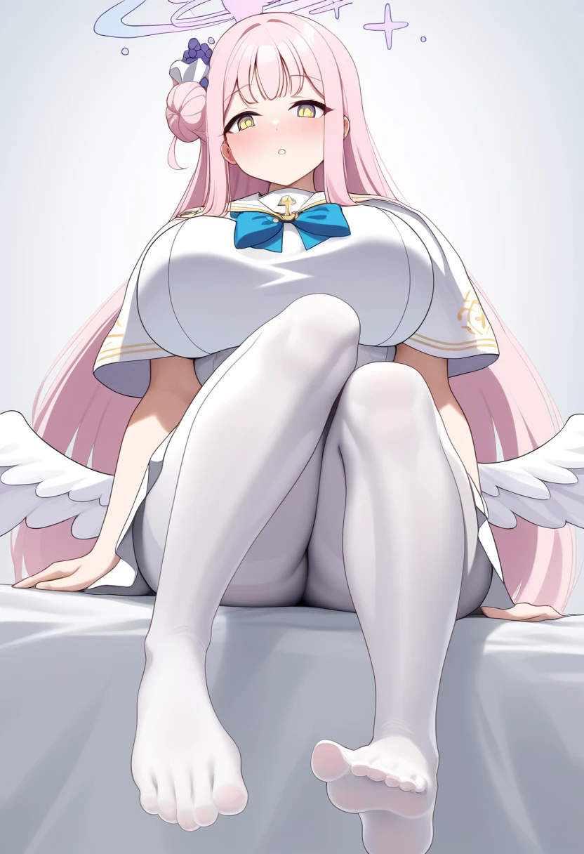 1girl, score_9, mika \(blue archive\), long hair, pink hair, yellow eyes,large breasts,braid,halo,short sleeves,white dress,white sailor collar,capelet,wings,white pantyhose,sitting,parted lips,hand on leg,blush,on bed,toes, close-up, from below, shiny skin,anime character with huge breasts and big muscles posing for a picture, oppai, oppai proportions, thicc, powerful and huge, biomechanical oppai, big arms, big muscle, heavy detailedig biceps, massive muscles