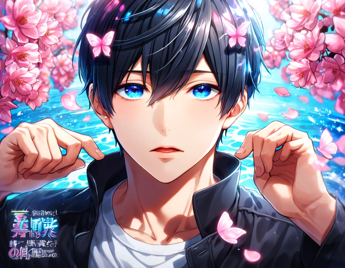 absurdres, highres, ultra detailed, HDR, master piece, best quality, Nanase Haruka, black hair, expressive blue eyes, Free!, solo, sexy man, handsome, black coat, white shirt, fantasy, shining, water, pink flowers, pink blossoms, pink butterflies, pink petals