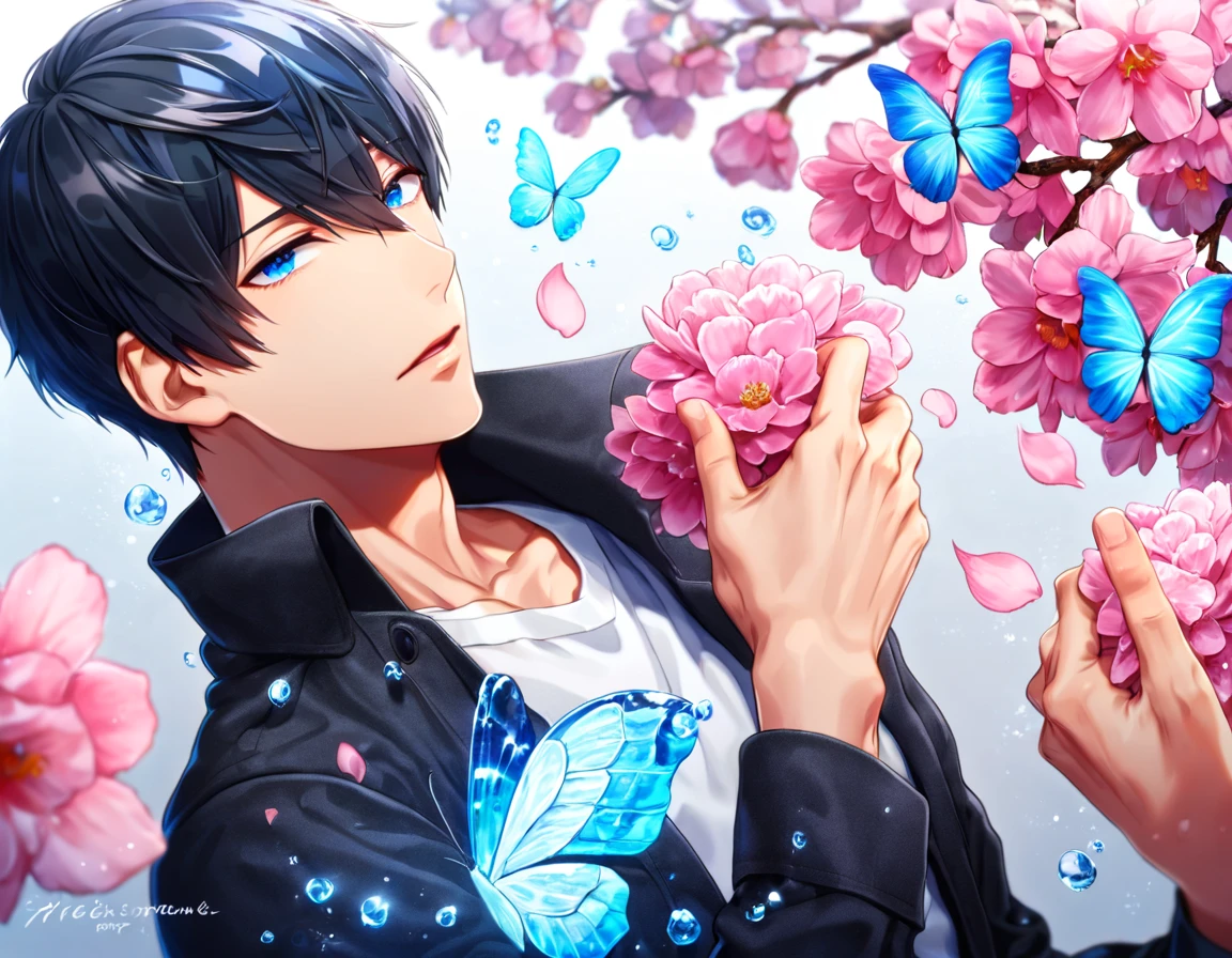 absurdres, highres, ultra detailed, HDR, master piece, best quality, Nanase Haruka, black hair, expressive blue eyes, Free!, solo, sexy man, handsome, black coat, white shirt, fantasy, shining, water, pink flowers, pink blossoms, pink butterflies, pink petals