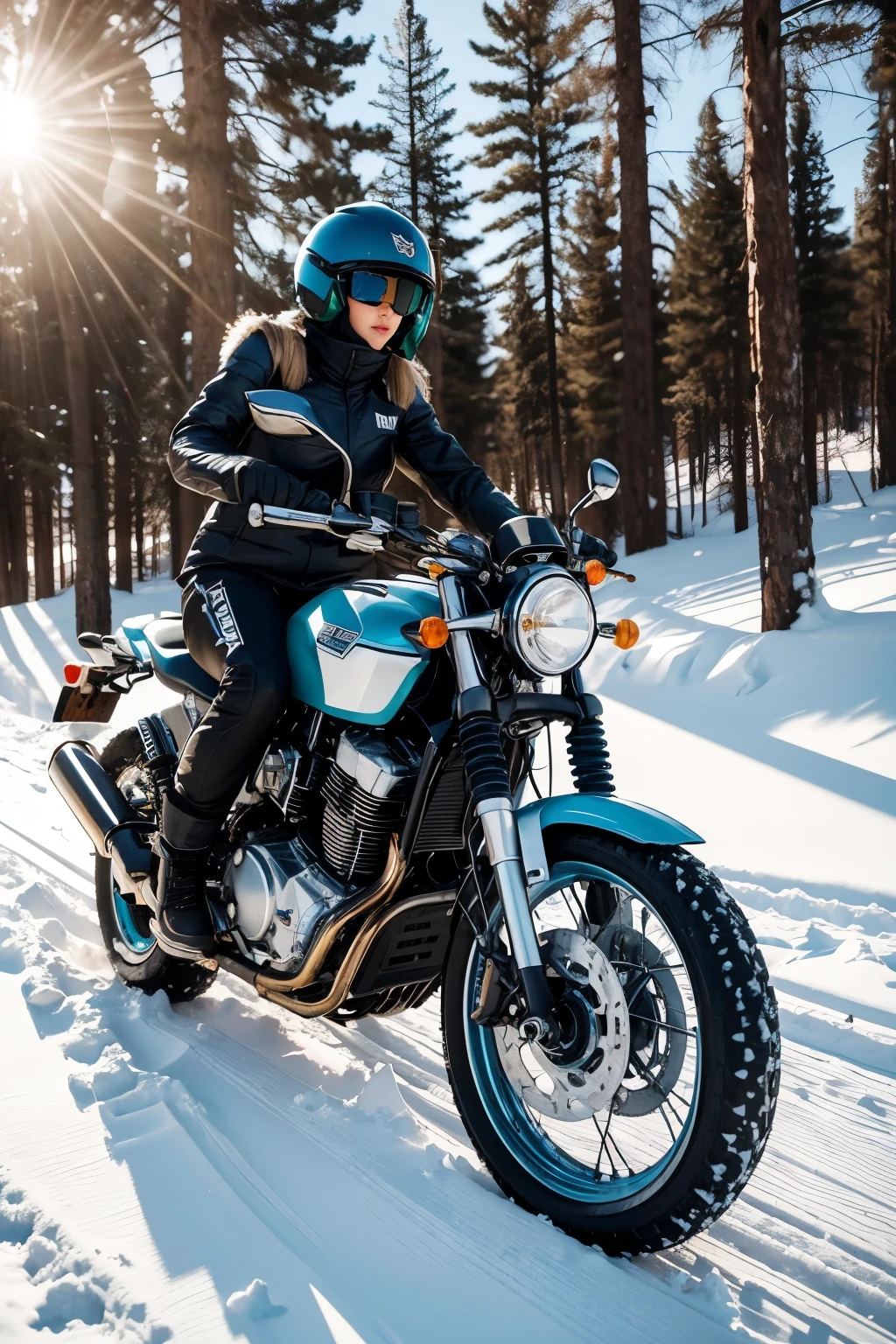A woman half-machine riding a motorcycle in three distinct settings:
Desert: The half-machine woman is riding a motorcycle in a vast desert. The sun is shining intensely, reflecting off her metallic shell, creating a dazzling glow. The motorcycle is futuristic, with chrome details and blue neon lights. The desert sand is kicked up by the wind, creating a sense of movement and adventure. In the background, sand dunes and a clear blue sky without clouds.
Snowy Mountain: Now, the same woman is riding the motorcycle on a snow-covered mountain. The scene is icy, with snow-covered pine trees and majestic mountains in the background. Snowflakes gently fall around her. The motorcycle has special snow tires, leaving tracks in the soft snow. The sunlight reflected on the snow creates a bright and cold environment, highlighting the contrast between the machine and nature.
Forest: Finally, the woman is in a dense and green forest. Tall, ancient trees surround the trail where the motorcycle passes. The vegetation is lush, with verdant foliage and colorful flowers scattered on the ground. Sunbeams penetrate the tree canopy, creating a play of light and shadow. The motorcycle, adapted for rough terrain, jumps over roots and rocks, and the woman maintains a determined and fearless look.
Additional details: The half-machine woman has a partially robotic body, with visible metal parts and mechanical components. Her eyes are a bright blue, and her hair is long and flowing. She wears a futuristic biker outfit, combining tough fabric with protective metallic parts. The design of the motorcycle and the outfit has a cyberpunk style with vibrant colors and neons.