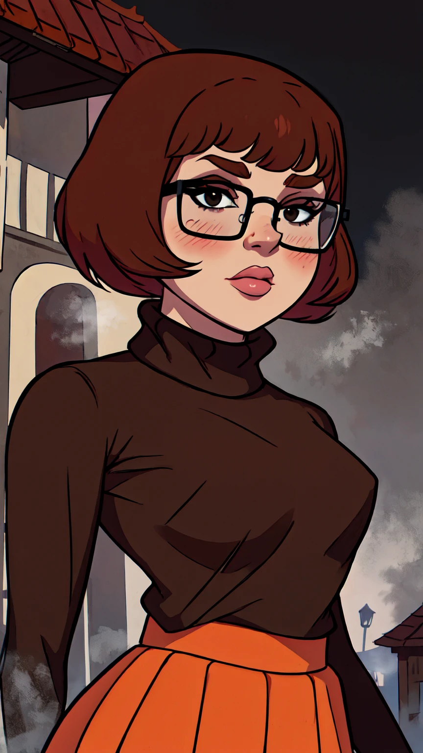 1girl, Velma from scooby-doo, solo, fat (fat body), brown hair, black eyes, square glasses, (orange turtleneck) blouse and red skirt,  eyeliner, looking at viewer, lips, brown bob cut, blunt bangs, blush, standing, upper body, face focus, outdoors, horror \(theme\), night, fog egirlmakeup,  moonlight background