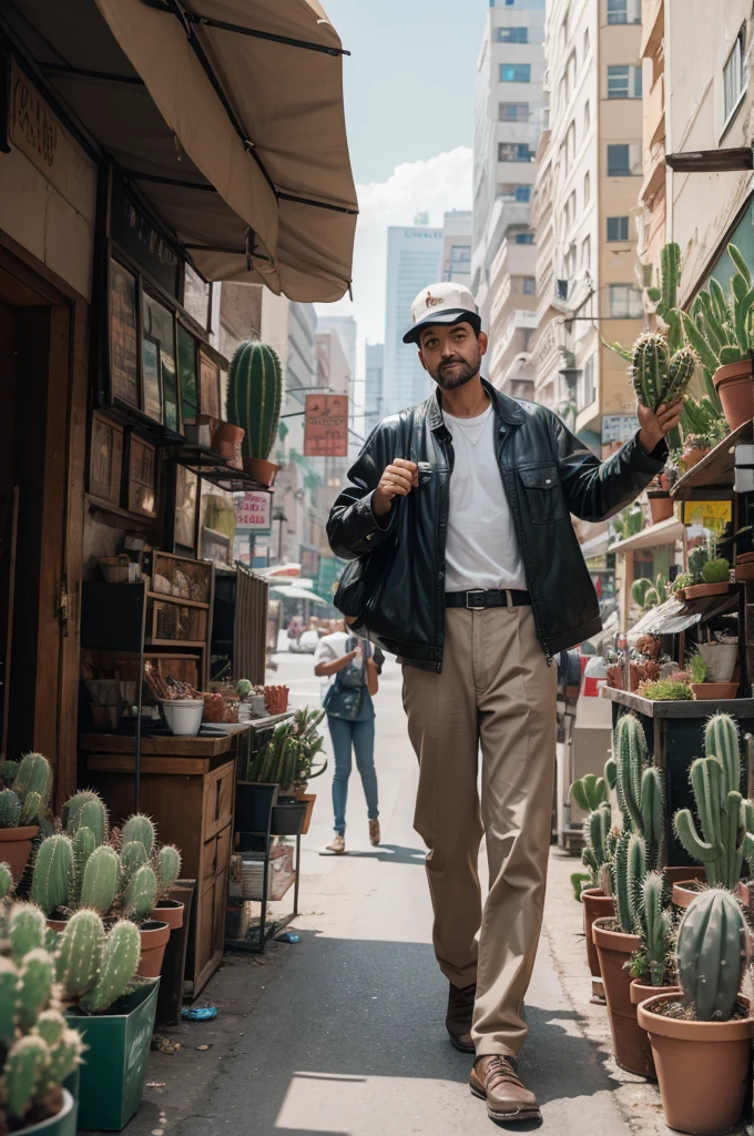 A man on top of a street vendor holding a cactus