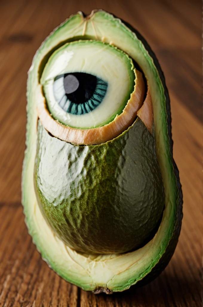 An avocado with two cute eyes and a cute mouth on a stage