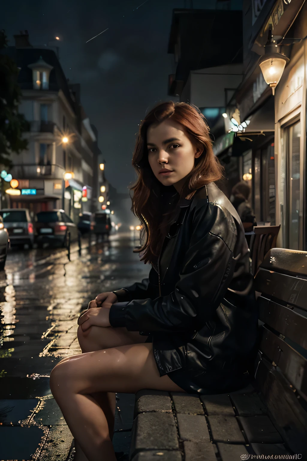 distant view, a night parisian street,  fog, cafe shop, beautiful woman sitting in a bench, red hair, spotlight enlighting her detailed face, street lights, long exposure, 1920s, retro vintage, warm lighting, moody atmosphere, cinematic, dramatic shadows, cobblestone road, puddles reflecting lights, old-fashioned lampposts, muted colors, nostalgic mood, (best quality,4k,8k,highres,masterpiece:1.2),ultra-detailed,(realistic,photorealistic,photo-realistic:1.37)