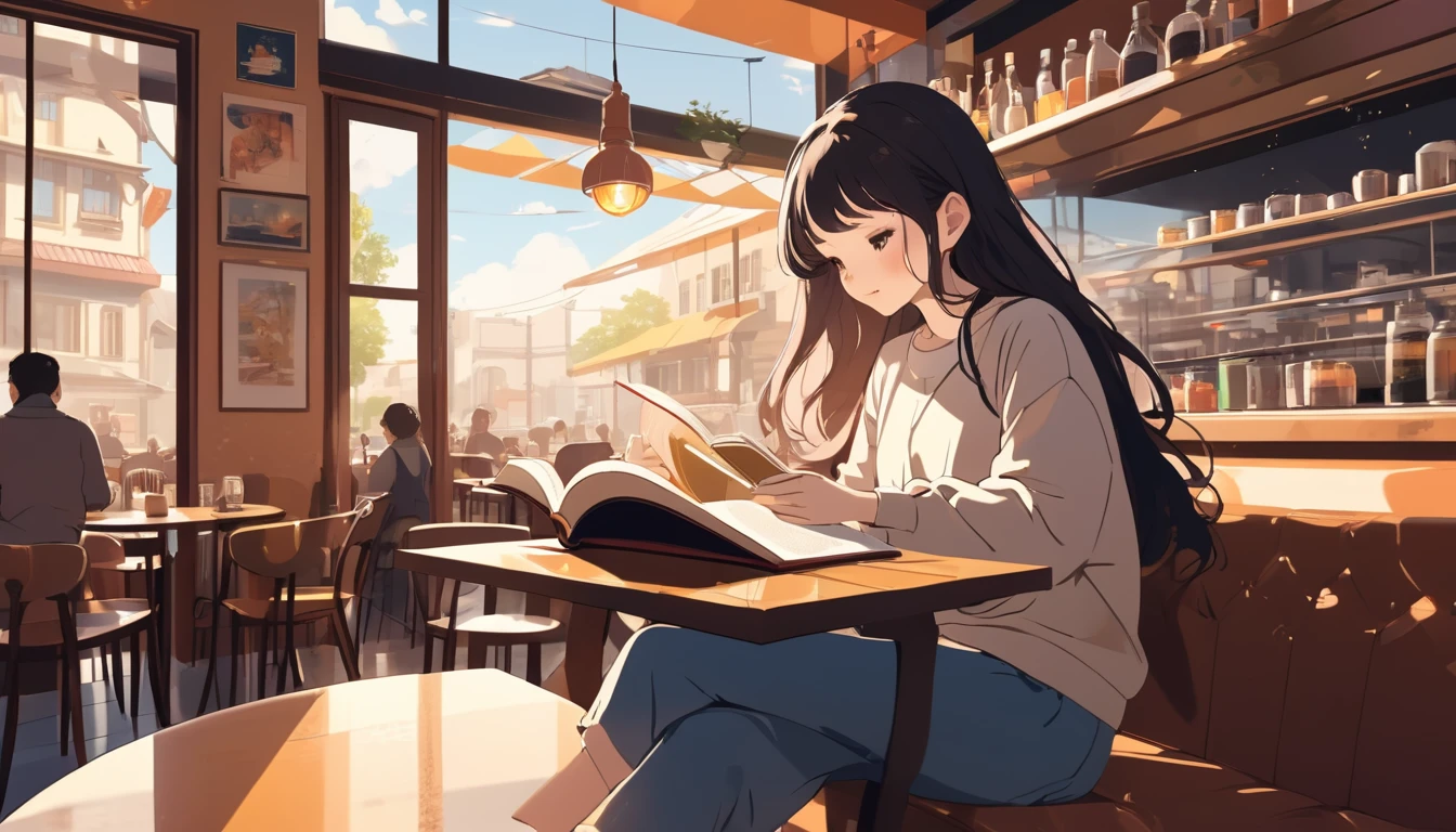 Woman reading a book in a cafe、, Wide-angle lens, Lofi Anime, Lofi illustration, Aesthetic atmosphere, Lo-Fi Style, Vector art, Flat Design, Simple shape, Warm tones, Pleasant atmosphere, Chill, In anime style, Digital drawing, Vector art, Vector logo for t-shirt printing, (Adorable:1.5), (small:1.4), (Playful:1.2), (soft:1.3), (Whimsical:1.1), masterpiece, Highest quality, 8K, Intricate details, grow, Celestial, Mysterious, Picturesque, amazing, Majestic, Magic, Fantasy art, Cover art, dream-like