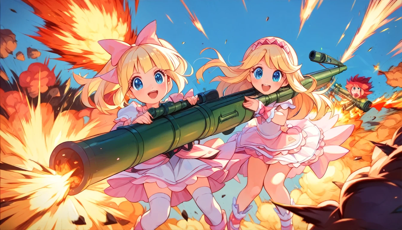 ((multiple girls:1.3)), ((moe style:1.3)), ((magical girls:1.3)), ((explosion:1.3)), ((battle:1.3)), ((rocket launcher:1.3)), ((hell:1.3)),  ((centerfold:1.3)), ((extremely feminine:1.3)), perfect hands, ((perfect face)), ((extremely cute:1.3)), ((masterpiece)), ((8k)), ((best quality)), ((beautiful)), ((extremely detailed:1.3)) , ((absurdres)), AddXL, ((score_9:1.3)), ((score_8_up:1.3)), ((score_7_up:1.3)),
