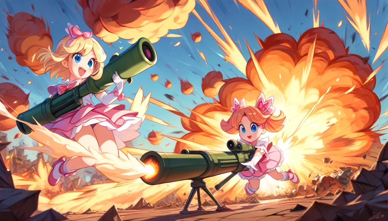 ((multiple girls:1.3)), ((moe style:1.3)), ((magical girls:1.3)), ((explosion:1.3)), ((battle:1.3)), ((rocket launcher:1.3)), ((hell:1.3)), ((centerfold:1.3)), ((extremely feminine:1.3)), perfect hands, ((perfect face)), ((extremely cute:1.3)), ((masterpiece)), ((8k)), ((best quality)), ((beautiful)), ((extremely detailed:1.3)) , ((absurdres)), AddXL, ((score_9:1.3)), ((score_8_up:1.3)), ((score_7_up:1.3)),