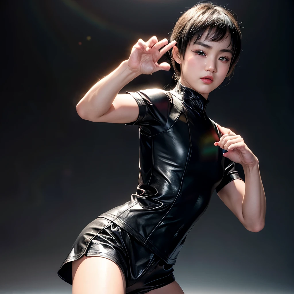 , 8k, High-level, absurd, masterpiece, best quality, primitive, very detailed CG, very detailed wallpaper, perfect lighting, Extremely detailed (((The personifying " Bruce Lee in Game of Death " as a Little Girl))), MysticSight, Tyndall effect, Tyndall scattering, Studio gray background with (many Dazzling RainbowColor particles BokeH:1.28), (RoundlyButts, ThighGap), (:0.4), ( with looking ahead), BREAK (NOGIZAKA face variations) Extremely Detailed very KAWAII face variations, perfect , Childish, captivating gaze, elaborate detailed Eyes with (sparkling highlights:1.28), long eyelashes、Glossy RED Lips with beautiful details, Coquettish tongue, Rosy cheeks, Radiant PearlSkin with clear transparency . { (Dynamic LifeLike expressions:1.4) | :d) }, (large eyes:-1) .