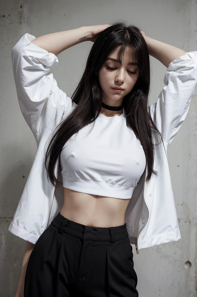 Long hair, closed eyes, has no nose and mouth, white, wearing a black croptop jacket, and a black crop top shirt, and wear trousers, anime, Manga, Manhwa