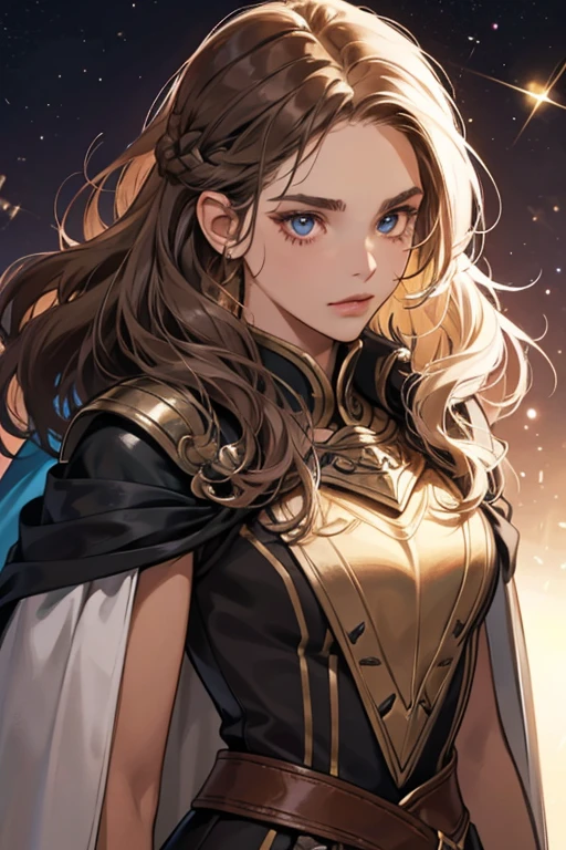 SHE IS dressed in armor and a cape. SHe is deeply tanned, and both his hair and eyes are dark browns. She has a wild curl in hER hair, but two of them (one on the upper right side of hER head, and one on the lower left side). SPARKLE; GLITTER