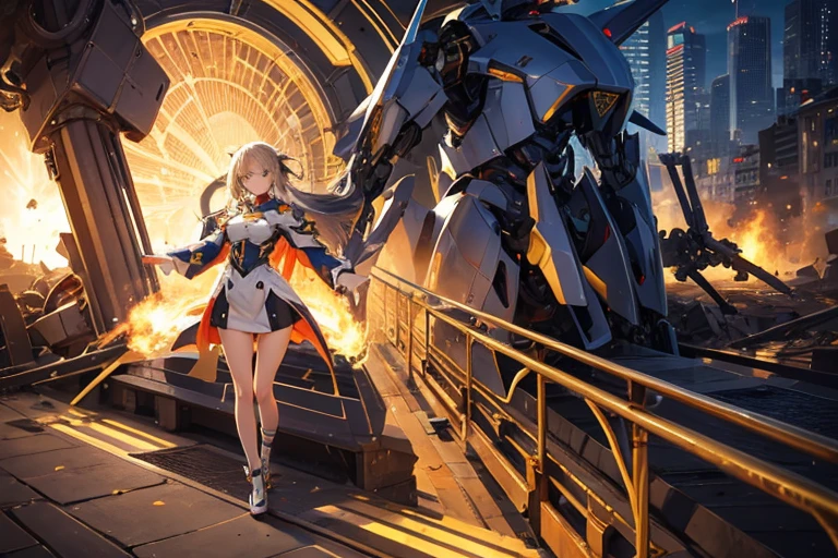 One woman:1.6, Mecha Girl, From the face down, the golden internal skeleton is exposed., The face is a beautiful human face, Masterpiece, Are standing, Full Body Shot.,