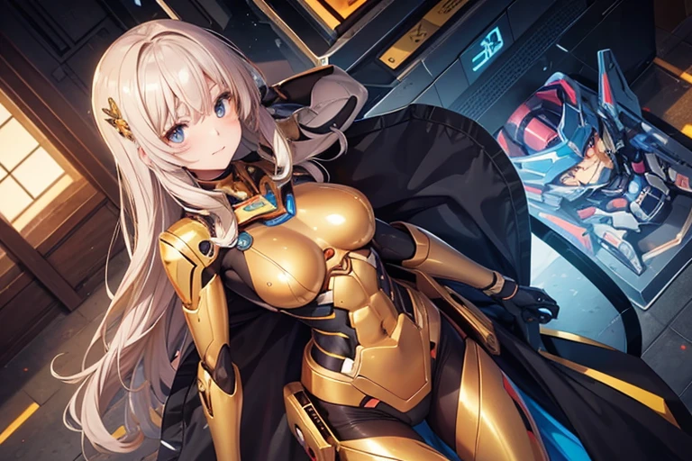 One woman:1.6, Mecha Girl, From the face down, the golden internal skeleton is exposed., The face is a beautiful human face, Masterpiece, Are standing, Full Body Shot.,