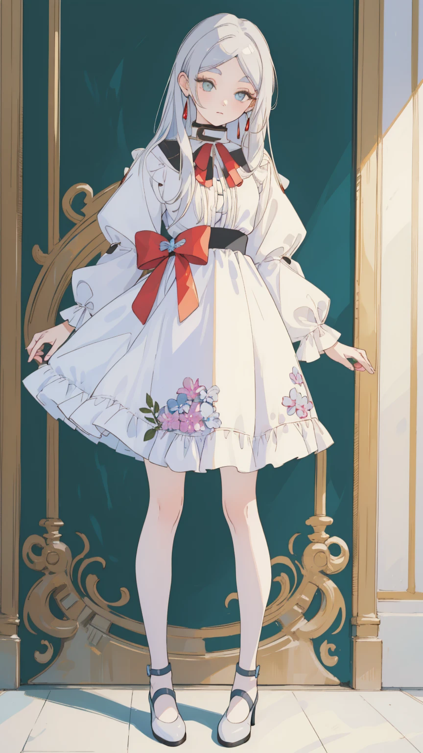 (masterpiece), best quality, Express, (Full body painting), ((it'Be perfect)),1 girl solitary, ((Eyes for perfect details:1.3)), solitary, place, (Long gray hair), Pointed ears, Like a gem, earrings, skirt, Princess dress, Ruffles,miss,solitary, Standing among blue flowers，grassland, (Blue sky and white clouds:1.3), high resolution, Looking at the audience, (32k wallpaper)