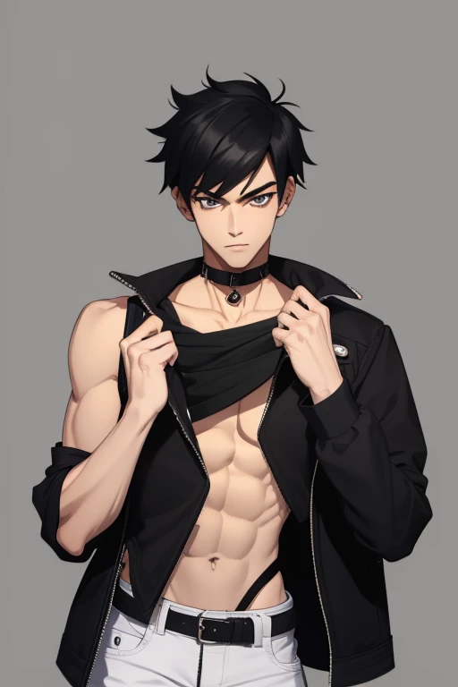 Marshall Lee Handsome 18 year old boy with black hair, brown skin, pierced ears, black eyes, gray tank top, open black jacket, black belt, blue jeans, looking directly at viewer on a white background.