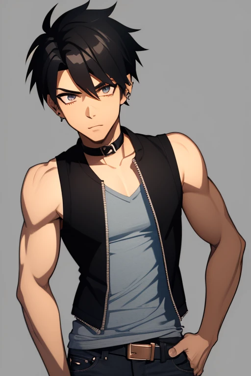 Marshall Lee Handsome 18 year old boy with black hair, brown skin, pierced ears, black eyes, gray tank top, open black jacket, black belt, blue jeans, looking directly at viewer on a white background.