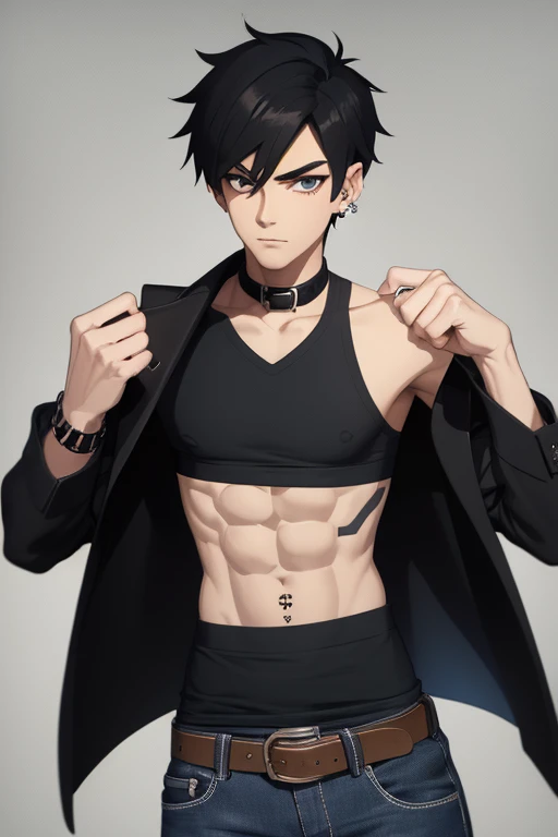 Marshall Lee Handsome 18 year old boy with black hair, brown skin, pierced ears, black eyes, gray tank top, open black jacket, black belt, blue jeans, looking directly at viewer on a white background.