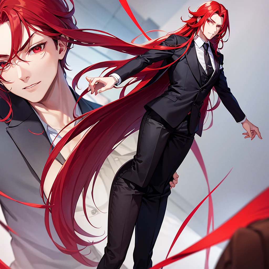 boy robust man with slightly long red hair in formal clothes and with red hair and red eyes full body