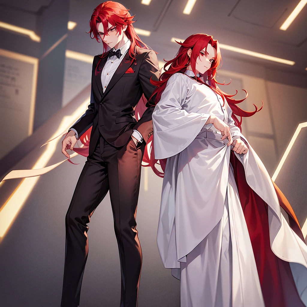 boy robust man with slightly long red hair in formal clothes and with red hair and red eyes full body