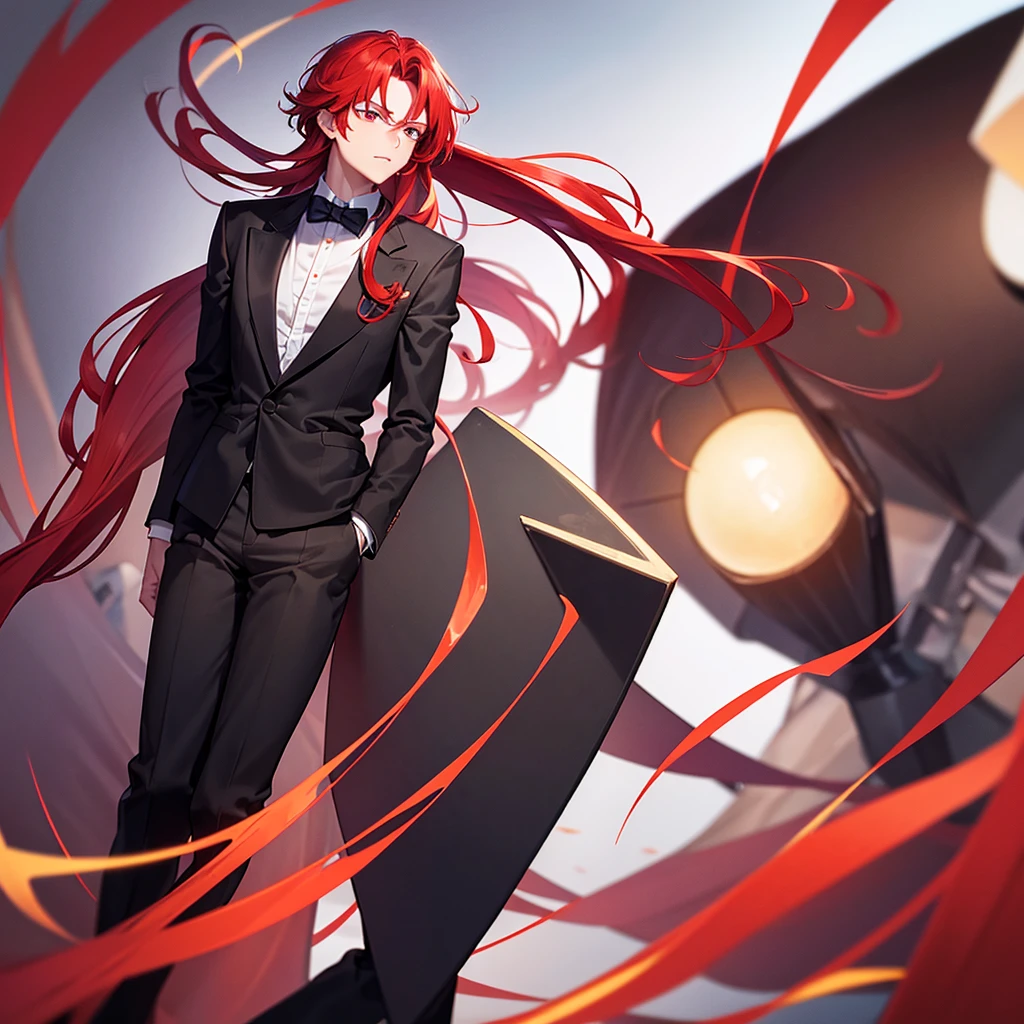 boy robust man with slightly long red hair in formal clothes and with red hair and red eyes full body