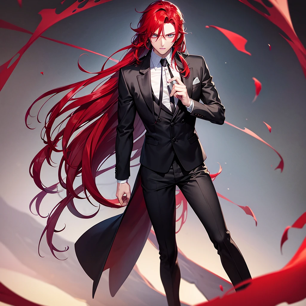 boy robust man with slightly long red hair in formal clothes and with red hair and red eyes full body