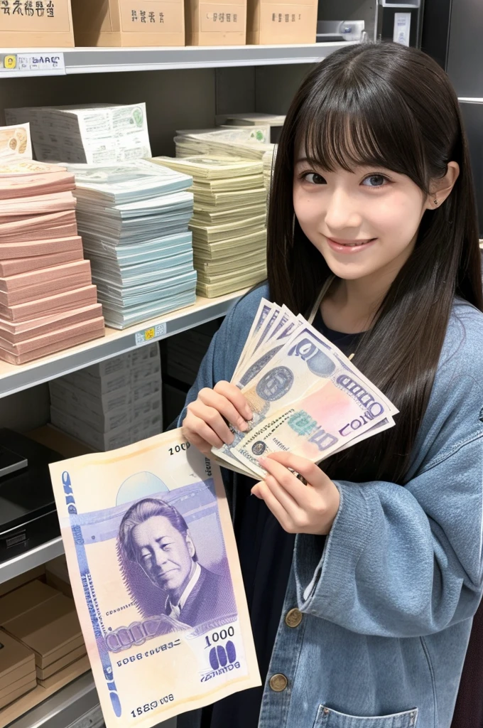 A beautiful girl happy to receive a deposit in Yokaromon Nakasu　A girl holding a stack of 1 million yen bills
