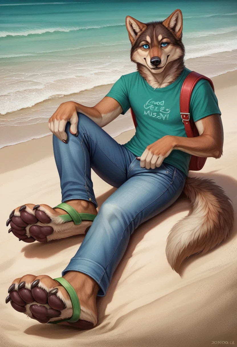 Larry (Zveropolis), wolf, gray fur, (brown body:1.3), beautiful blue eyes, Zveropolis, dressed,t-shirt,jeans,green sandals heel with a focus on feet for dogs, wolf, Detailed fur, male, Anthro, paw pads, finger claws,holding a backpack,At the viewer, 5 fingers, paws, 4 toes , is sitting, beach, rest, sea, sand, close to the camera,long jeans, sandals heel,foot-fucus
ПЕРЕРЫВ от Nextel, for dating, by xenoforge, (difficult, high detail, Film photography, soft focus, RAW, close to the camera, good mood smile positive, 
Photorealism, realistic, photorealistic,digital style, subsurface scattering,
masterpiece, Best quality, ultra realistic, 8K)