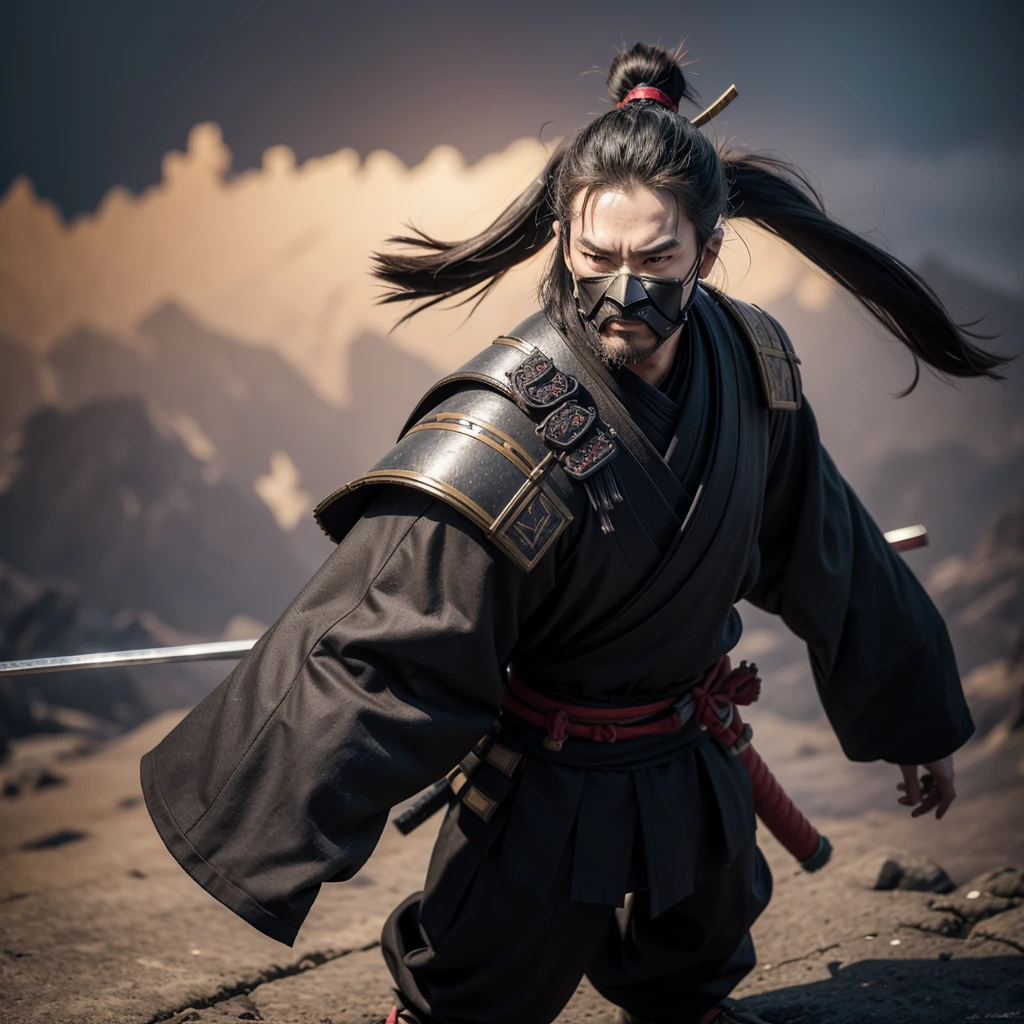 Create a character for a game, the character is a 3d style, He is a samurai and he has a wooden mask and he has to have a full body and he has to have his arms open and his body straight