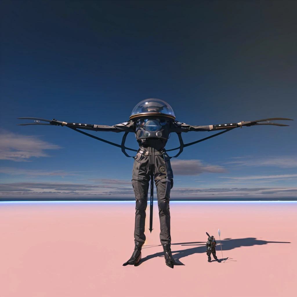 there is a computer generated image of an alien hammerhead in a retro space suit with bubble helmet standing next to a tiny anthropomorphic rabbit dressed in leather and holding a spear, masterpiece, best, photo realistic field