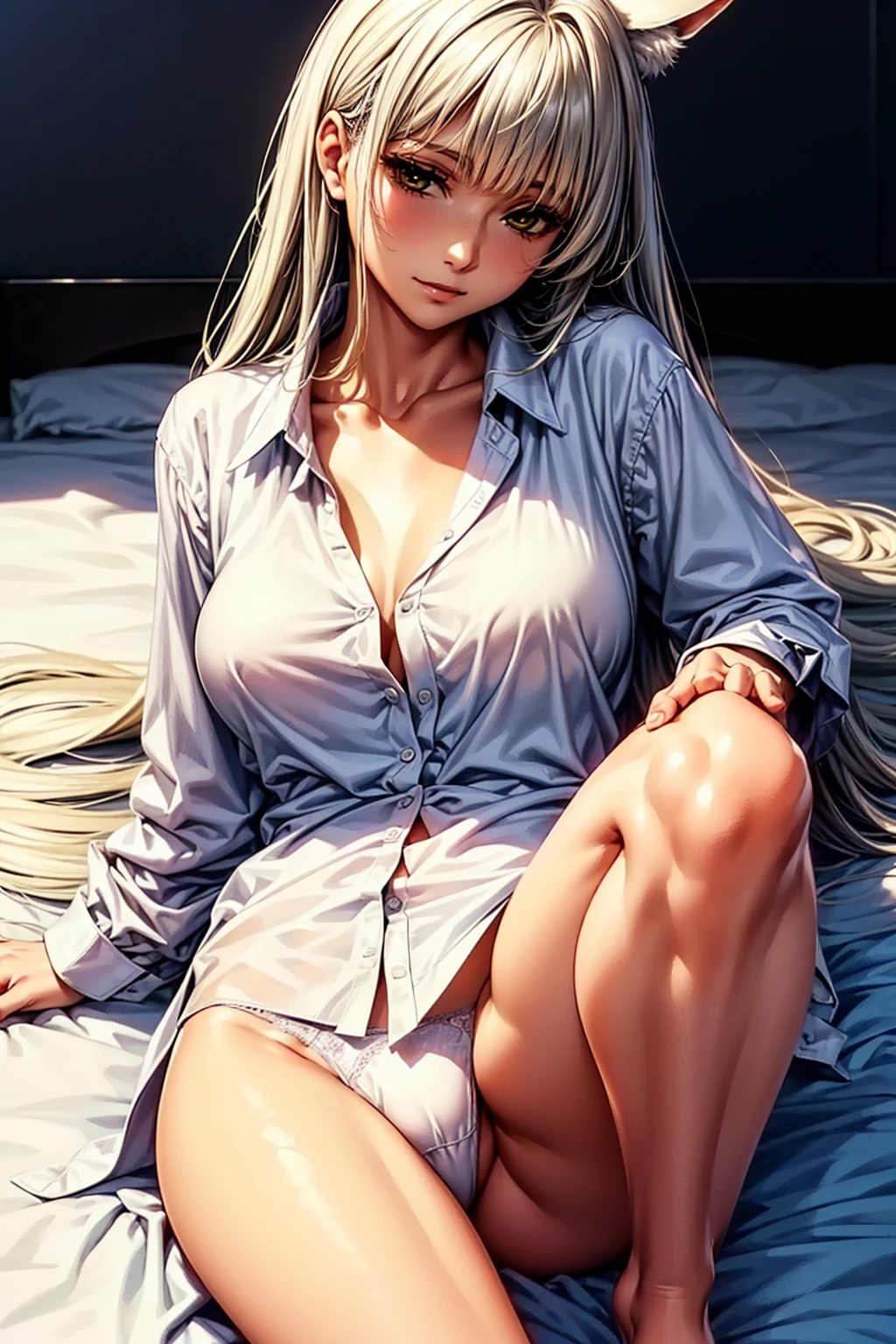 (top quality、masterpiece、very high resolution、Ultra high quality、High quality pixels)、perfect eyes, perfect face, alone,8k, large breasts,(Detailed description of hair), (Detailed description of face),(detailed description of body), Fair and translucent skin, gorgeous, long legs, facing the audience, Professional photography lighting,(Detailed yellow eyeball: 1.2), white hair, Girlfriend style, gentle expression, cowboy shot, (white oversized formal shirt: 1.2), model posture, pantless, (long shirt covering underwear:1.3), girlfriend ssmile, bed, horse ear, long straight bangs, long straight hair, lying down on the bed