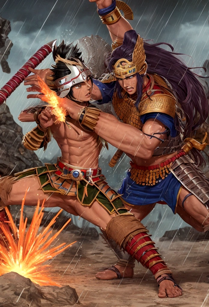 manga, toons, anime: Clash between the AZTEC ARMY AND THE MAYAN ARMY, FIERCE BATTLE, HD, rain of spears, lots of action

