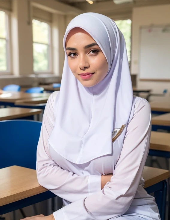 1girl, white silky dress, wearing short white hijab, blue skirt, long sleeve, classroom background, beautiful, pretty, blushing, flawless, best quality, masterpiece, ultra high res, (photorealistic:1.4), raw photo, (large breasts,full body:1.2), ((closed clothes)), detailed two arms, ((both arms squeezed the breasts)) ((wearing short hijab)), detailed beautiful eyes, detailed reddish lips, ((dress wrinkles at breasts area))