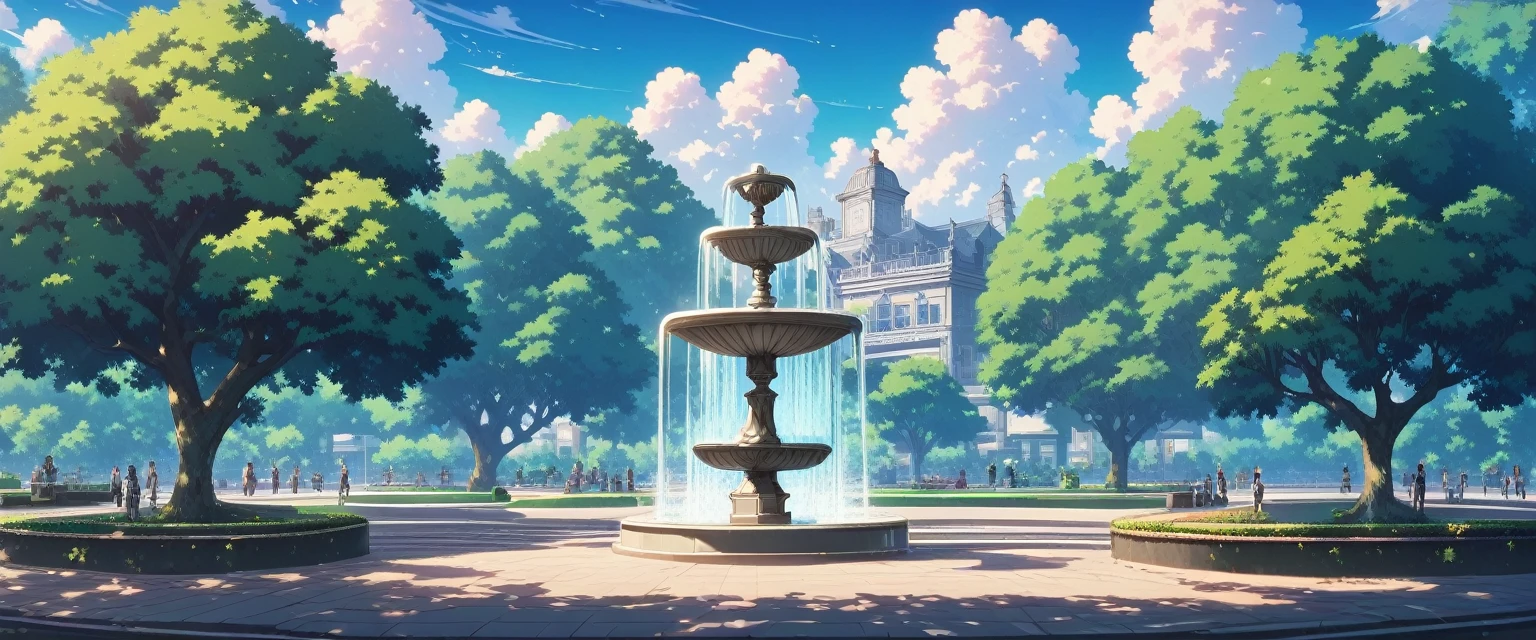 punctuation_9, punctuation_8_High above, punctuation_7_High above, fountain_アニメ, assessment_safe, scenario, plein-air, sky, nube, summer day, trees, city park, bank, (sin humanos), very aesthetic, absurderes, detailed back ground, scr33nc@p, 