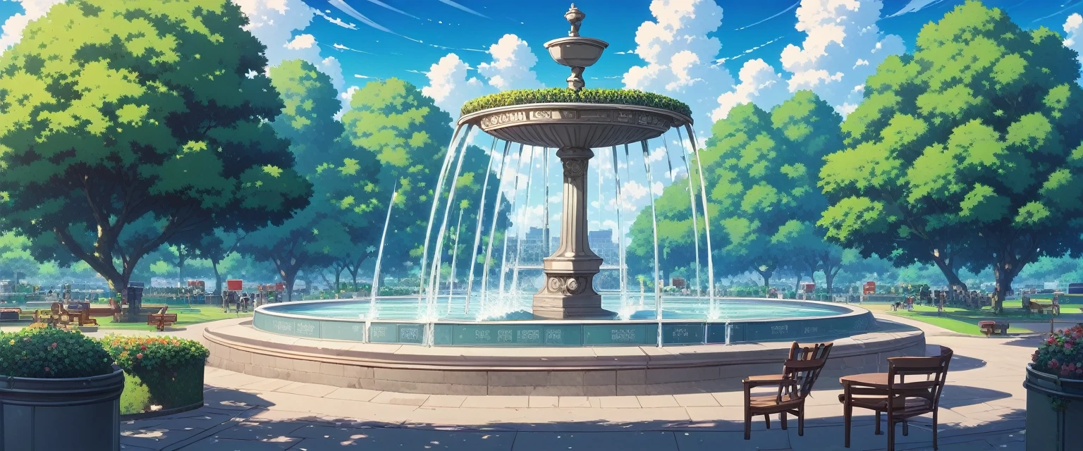 punctuation_9, punctuation_8_High above, punctuation_7_High above, fountain_アニメ, assessment_safe, scenario, plein-air, sky, nube, summer day, trees, city park, bank, (sin humanos), very aesthetic, absurderes, detailed back ground, scr33nc@p, 