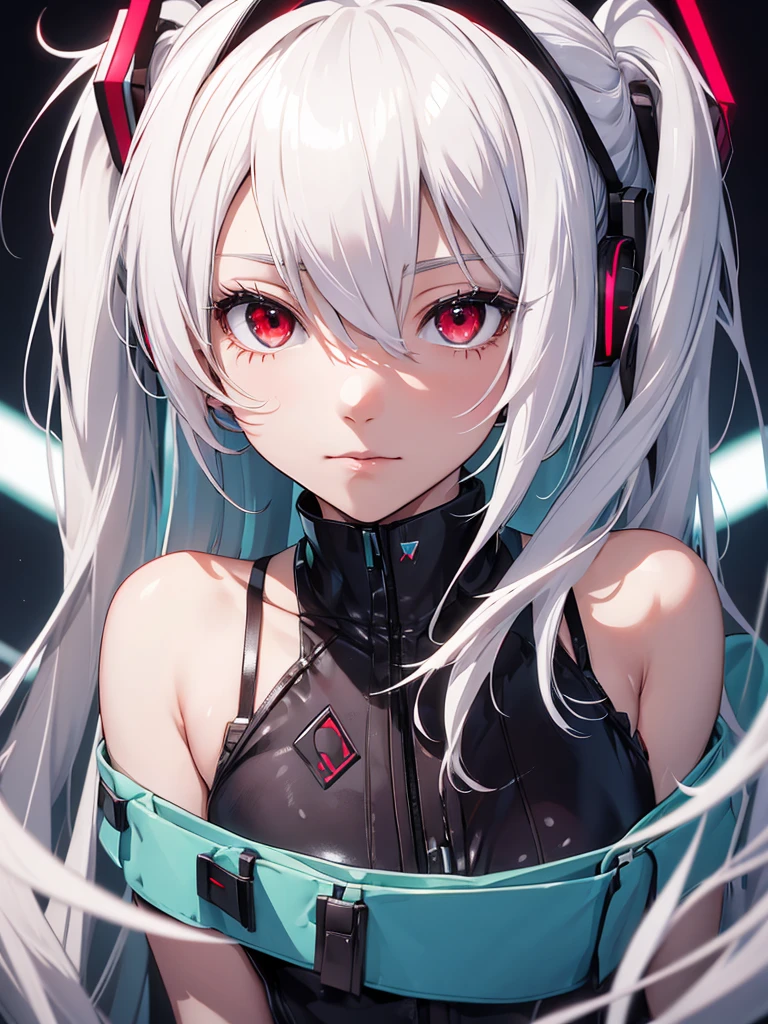 hatsune miku, white hair, red eyes
