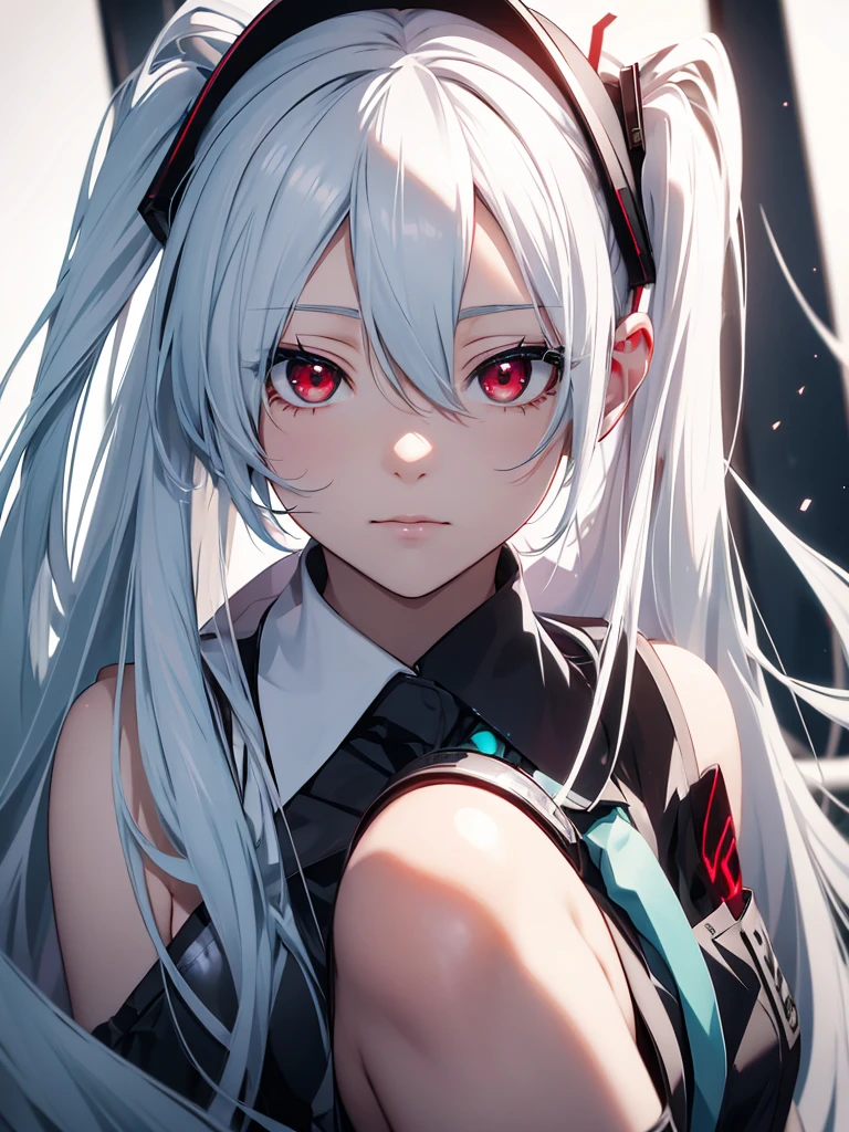 hatsune miku, white hair, red eyes