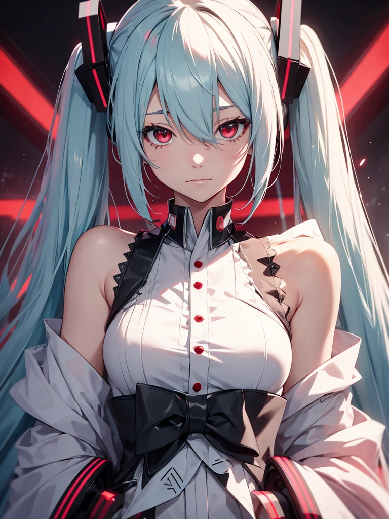 hatsune miku, white hair, red eyes