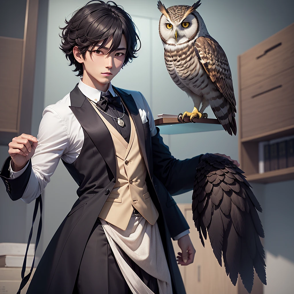 can you generate an image of Haru wearing a formal attire with an owl in his shoulder then make him black and put a necklace with name Haru then put his background in library