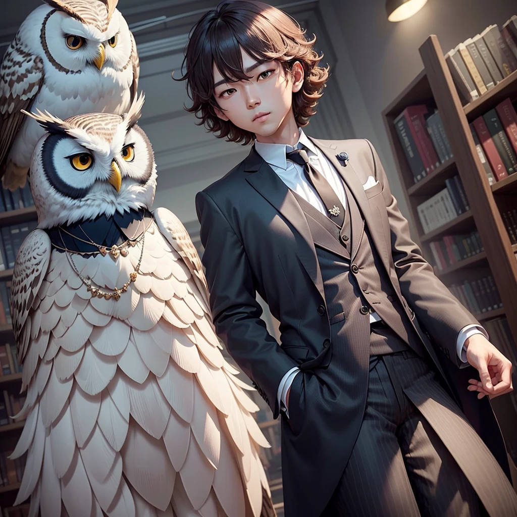 can you generate an image of Haru wearing a formal attire with an owl in his shoulder then make him black and put a necklace with name Haru then put his background in library
