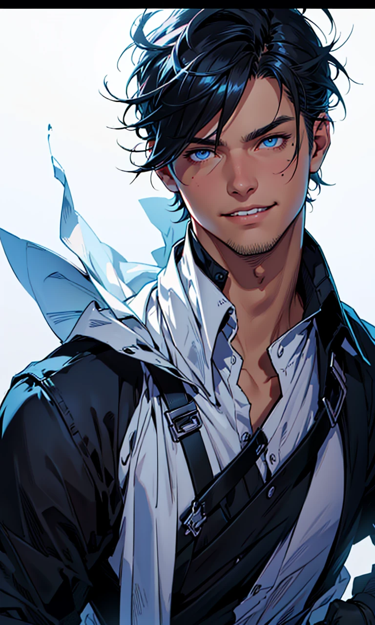 ,
(Fantasy style), 1 boy, (main character), ((focus man, alone)), black hair, blue eyes, รอยsmile, handsome, look at viewer, Portrait, glow, smooth, glow eyes, hair between the eyes, short hair, Quiff hairstyles, Muscle, close up, color gradient background, smile, color gradient, Chapped lips, tooth, shirt, upper body, look at viewer, smooth, shirt, short hair, black shirt, tooth, hair between the eyes, black gloves, high neck, ((blood on face)),blood on face, White Shirt, ((color gradient background)), weapon, short hair
(Masterpiece), (Highest quality), best quality, height, 8K, very detailed, digital art, (พื้นหลังที่very detailed:1.2), (realistic background), (complicated details), won, very detailedเกินไป, (illustration:1.1),
(movie light), soft light,
