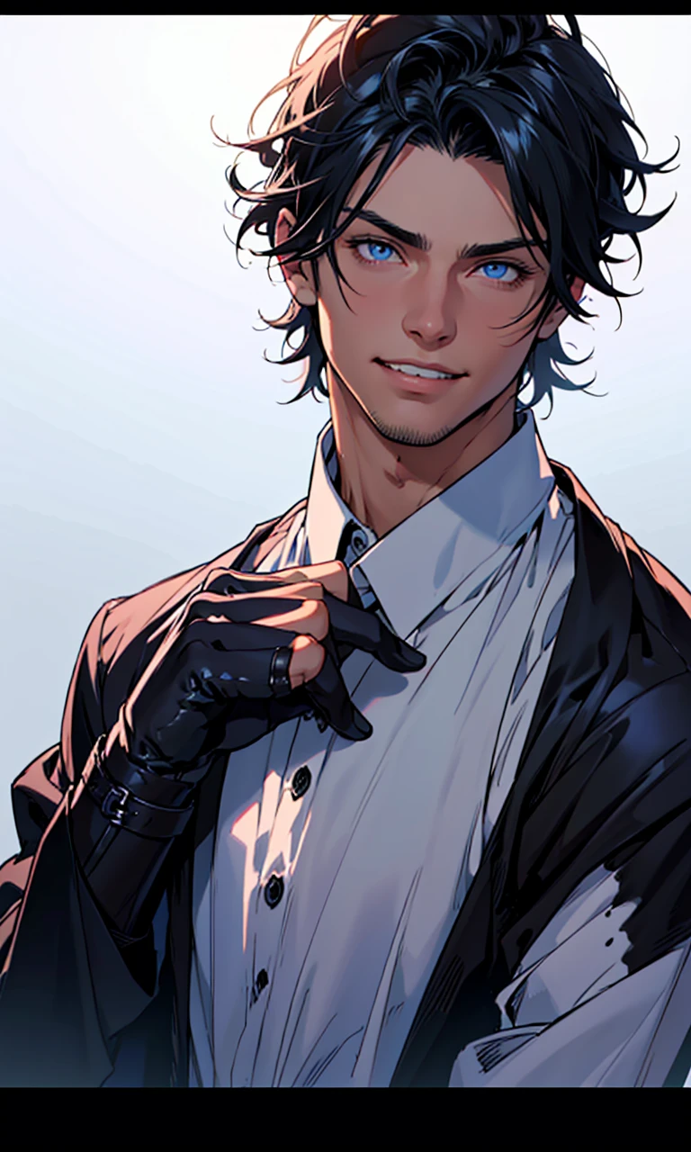 ,
(Fantasy style), 1 boy, (main character), ((focus man, alone)), black hair, blue eyes, รอยsmile, handsome, look at viewer, Portrait, glow, smooth, glow eyes, hair between the eyes, short hair, Quiff hairstyles, Muscle, close up, color gradient background, smile, color gradient, Chapped lips, tooth, shirt, upper body, look at viewer, smooth, shirt, short hair, black shirt, tooth, hair between the eyes, black gloves, high neck, ((blood on face)),blood on face, White Shirt, ((color gradient background)), weapon, short hair
(Masterpiece), (Highest quality), best quality, height, 8K, very detailed, digital art, (พื้นหลังที่very detailed:1.2), (realistic background), (complicated details), won, very detailedเกินไป, (illustration:1.1),
(movie light), soft light,