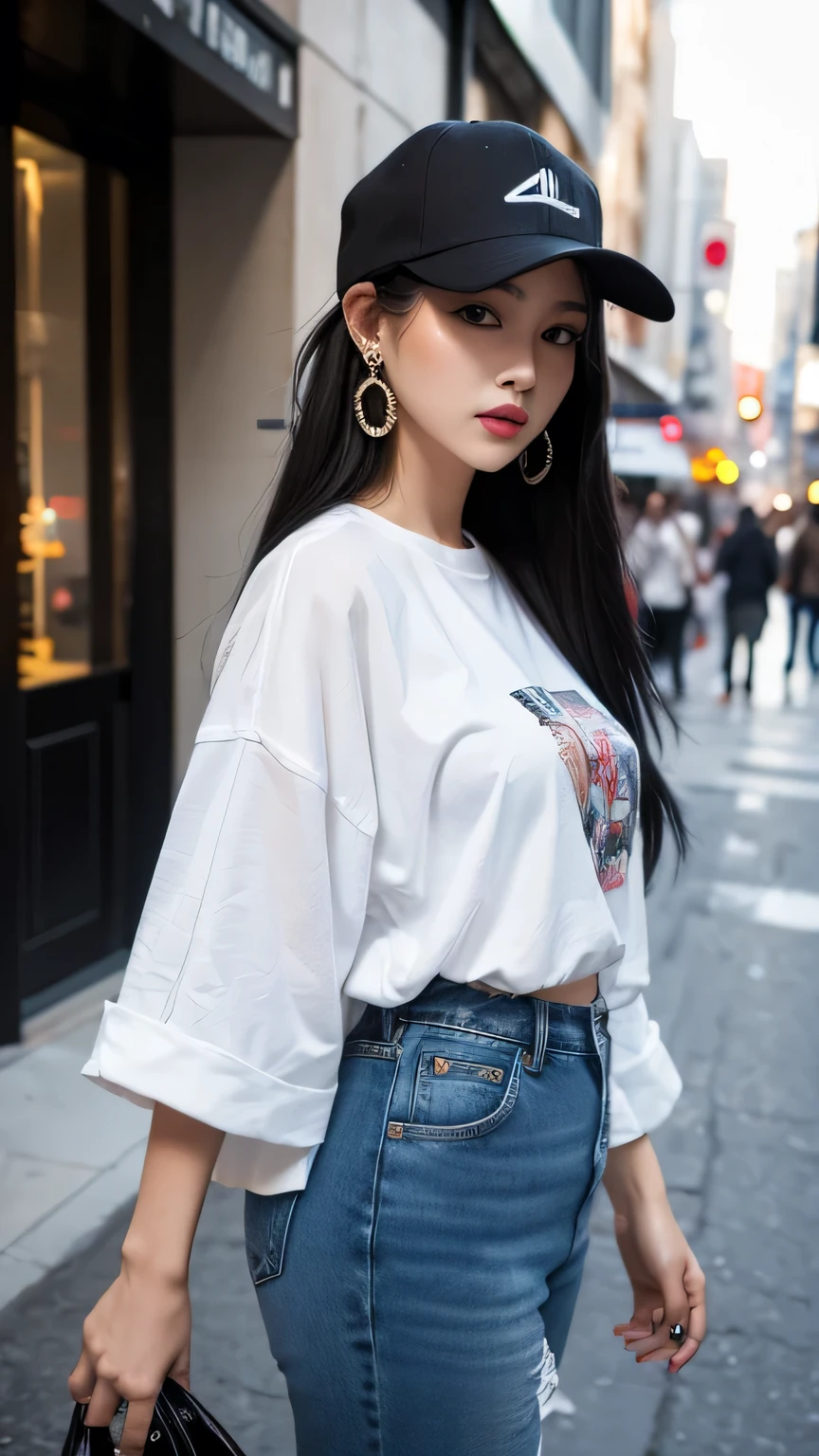 Woman in the streets, dirty streets, long black hair, jeans, white shirt with print, hat for the cold, earrings.