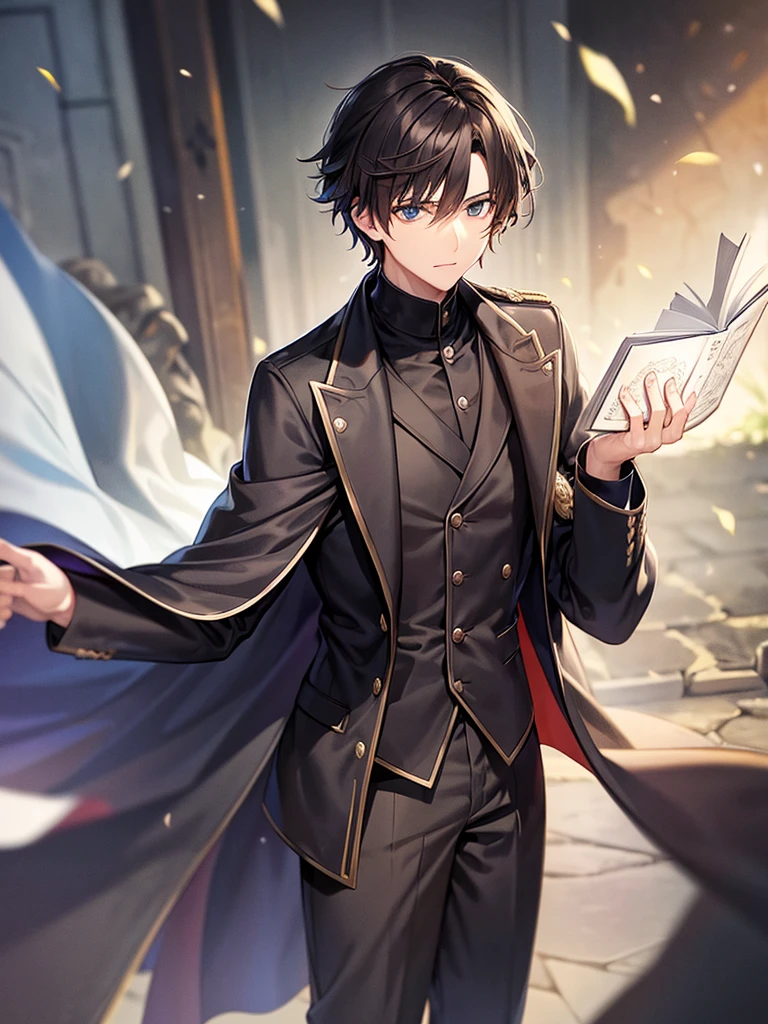 Wizard coat, Black Suit, trouser ,spell book, short hair, brown hair, male