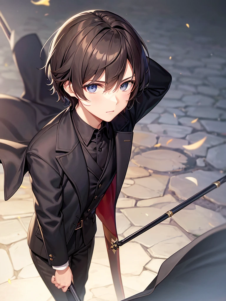 Wizard coat, Black Suit, trouser ,spell book, short hair, brown hair, male