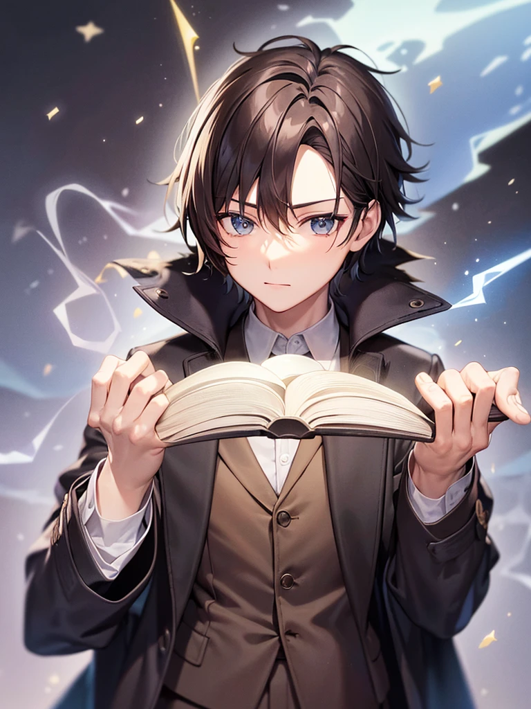 Wizard coat, Black Suit, trouser ,spell book, short hair, brown hair, male
